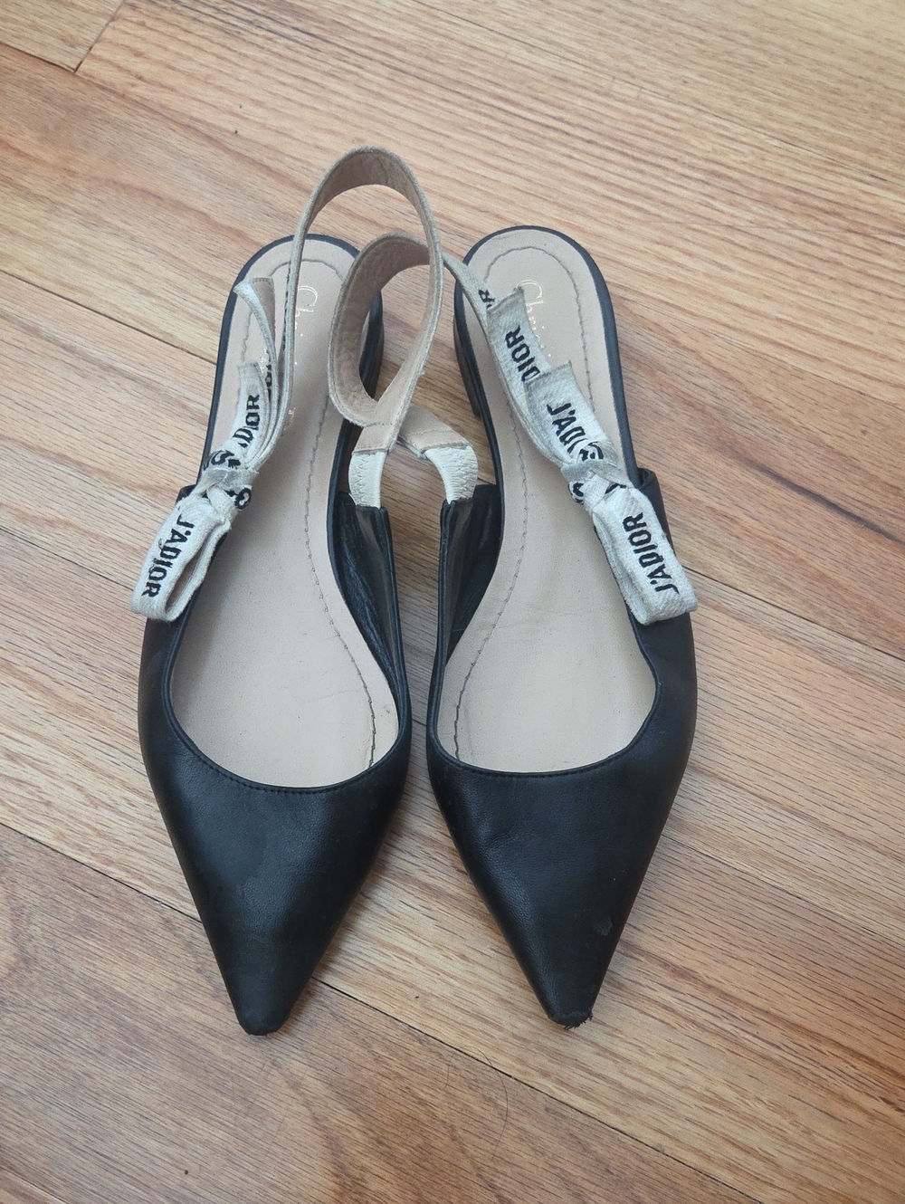 Dior Black Pointed Slingback Flats with J'Adior Ribbon